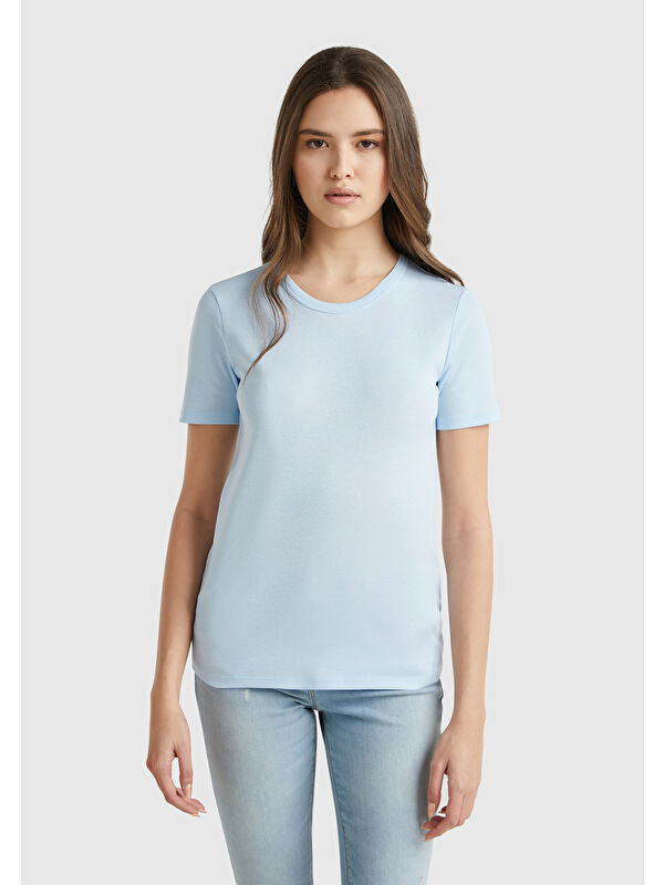 United Colors Of Benetton Kadın Açık Mavi  100 Pamuk Basic Kısa Kollu Bisiklet Yaka T Shirt