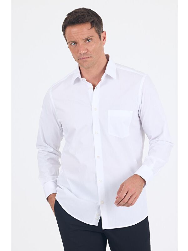 İMZA Beyaz Sert Yaka Uzun Kol Cepli Comfort Fit %100 Pamuk Gömlek 1004250222
