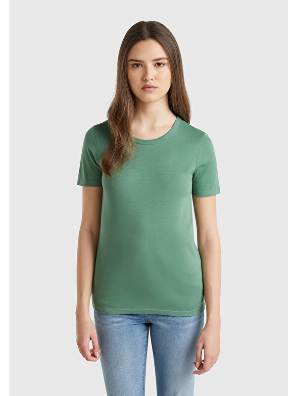 United Colors Of Benetton Kadın Açık Yeşil 100 Pamuk Basic Kısa Kollu Bisiklet Yaka T Shirt