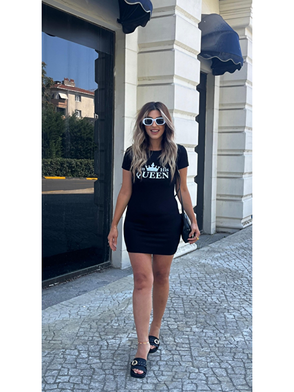 Jane's Kadın Kısa Kollu Queen Baskı Iki Iplik Mini Elbise