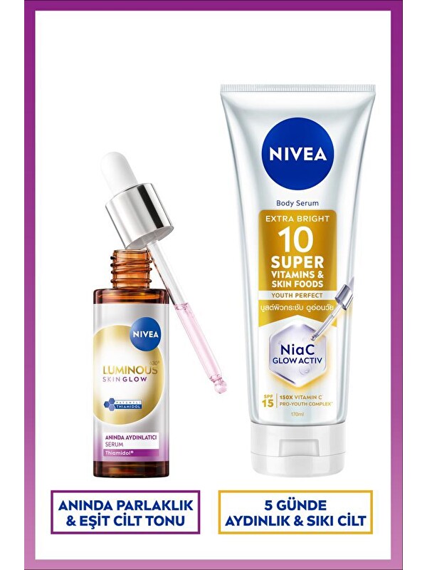 NIVEA Luminous630 Skin Glow Aydınlatıcı Cilt Serumu 30ml ve Super10 Aydınlatıcı, Nemlendirici Losyon 170ml