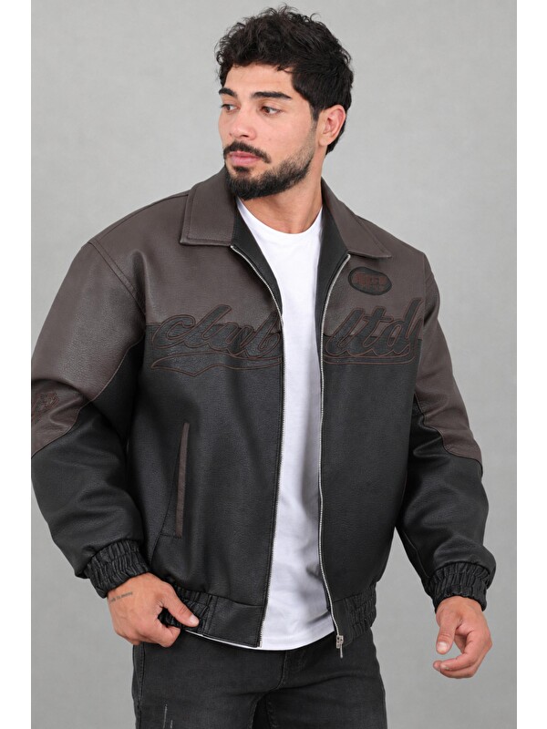 Stilkombin Baskılı Çift Renk Oversize Suni Deri Mont KMD 882_50531