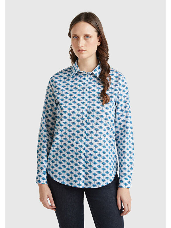 United Colors Of Benetton Kadın Mavi %100 Pamuk Desenli Manşetli Regular Fit Müslin Gömlek