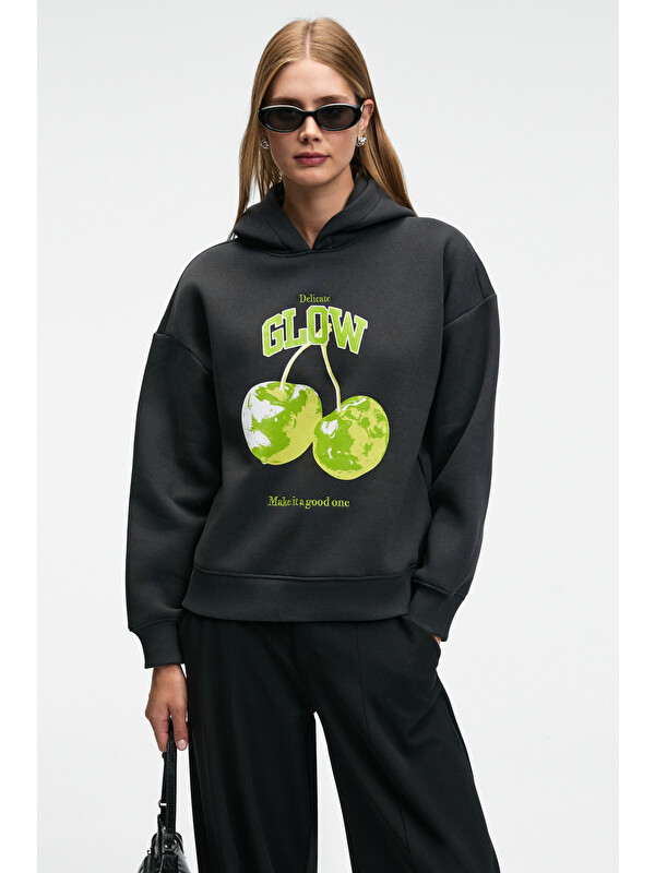 GRIMELANGE YANMESA Kadın Oversize Baskı Ve Nakış Detaylı Uzun Kollu Kapüşonlu KOYU ANTRASİT Sweatshirt