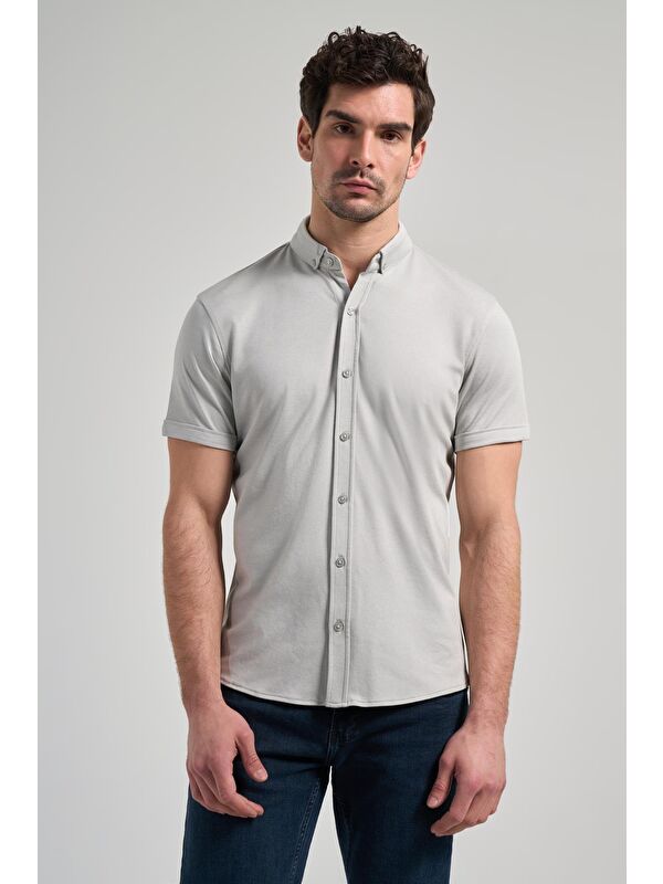 İMZA Gri Kısa Kol Düz Örme Düğmeli Yaka Cepsiz Pamuklu Classic Slim Fit Gömlek 1004250152_100