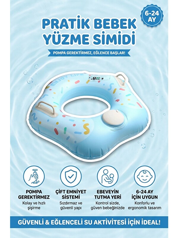 Oglo Çocuk Yüzme Simidi Süngerli Ebeveyn Tutma Yerli Çift Emniyetli Bas Şişir Pratik Mavi Simit