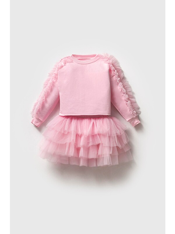 Magu Pembe Pamuklu Fırfırlı Sweatshirt Tüllü Etek Alt-Üst Takım Kız Çocuk