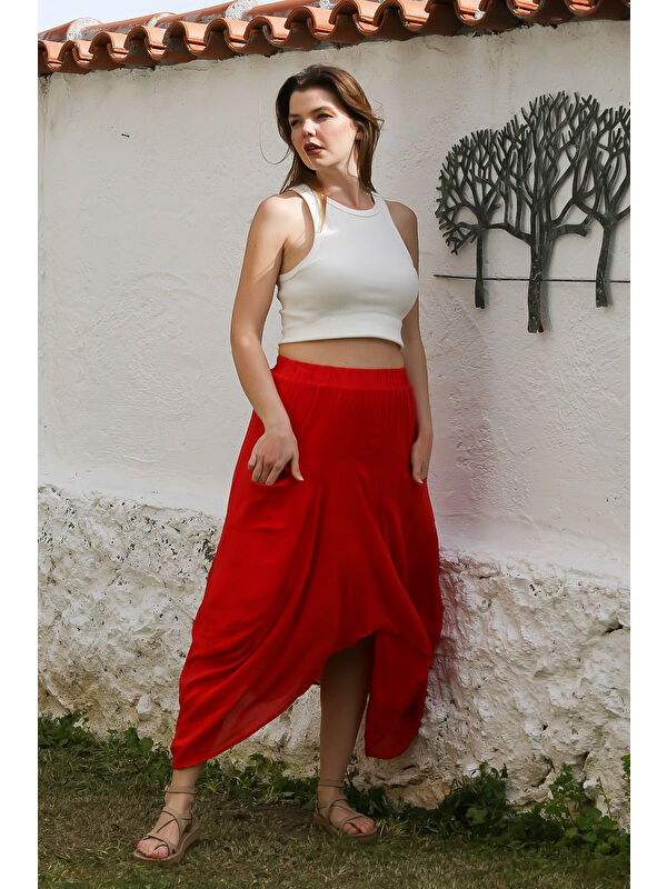 Chiccy Kırmızı Cepli İnce Astarlı Çift Katlı Lastikli Bel Casual Dokuma Etek 90 60