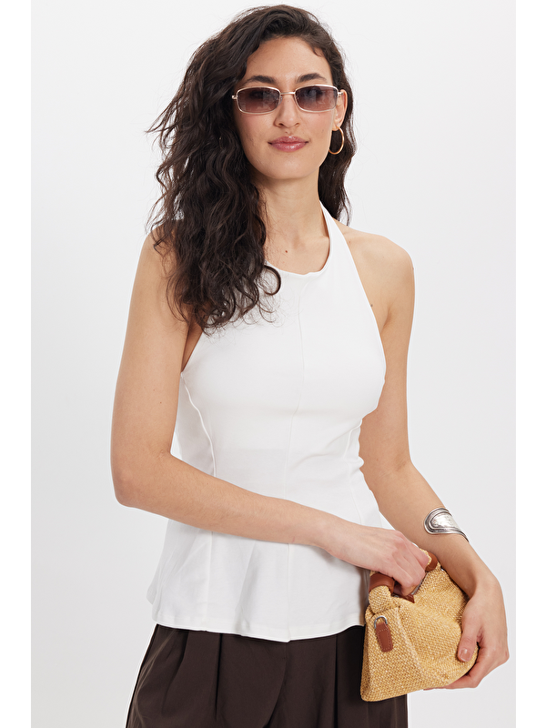 TUDORS Kadın Slim Fit Dar Kesim  %100 Pamuk Boyundan Bağlamalı Sıfır Kol Ekru Bluz