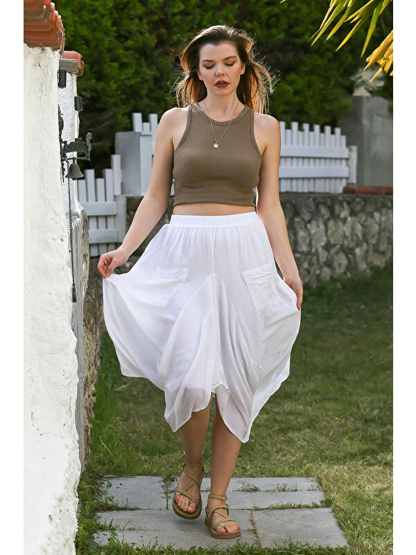Chiccy Beyaz Cepli İnce Astarlı Çift Katlı Lastikli Bel Casual Dokuma Etek 90 60