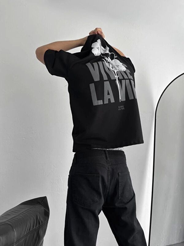 Jane's Baskılı Oversize Bisiklet Yaka T-shirt - Siyah
