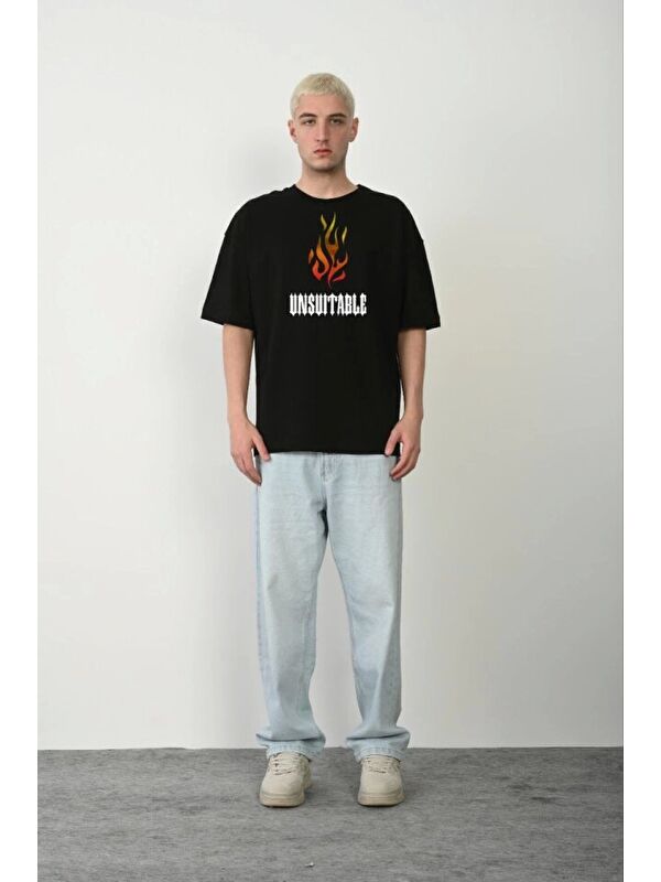 Jane's Unisex Bisiklet Yaka Baskılı Oversize T-Shirt - Siyah