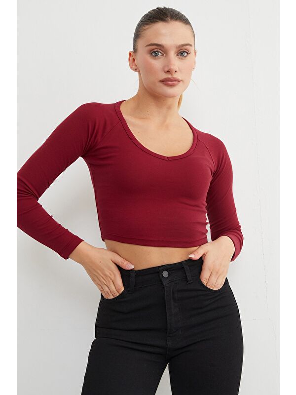 Fullamoda V Yaka Uzun Kol Crop Bluz