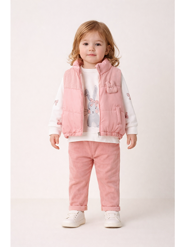Harika Kids Kız Bebek 3’lü Takım 9-24 Ay Şişme Yelek %100 Pamuk Sweatshirt Kadife Pantolon