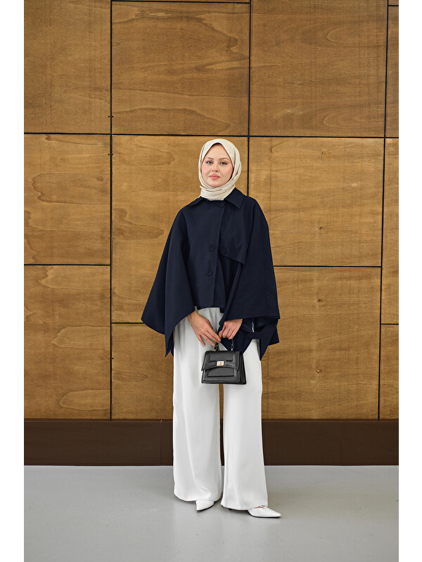 Locco Moda Kadın Gömlek Yaka Düğmeli Astarlı Oversize Gabardin Panço Trenç Lacivert