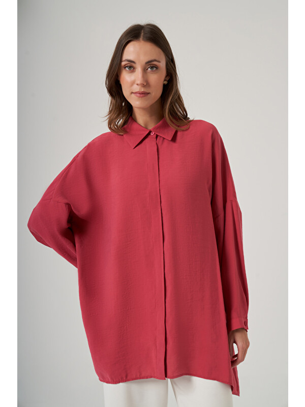 Nuss Oversize Basic Yazlık Gömlek 3001 Red Plum