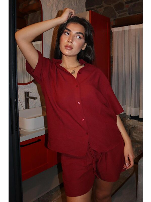 Madmext Bordo Basic Kadın Şort Gömlek Takım Mg2361