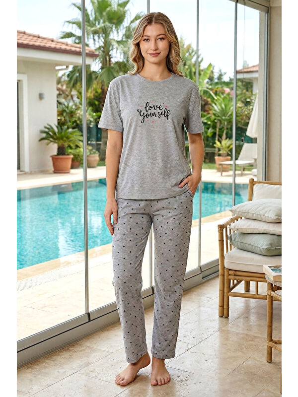 Remsa Kadın Desenli Kısa Kol Suprem Pijama Takımı 0626 Gri