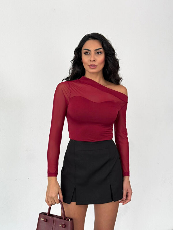 Hazelin Kadın Bordo Tül Garnili Uzun Kol Rahat Bluz HZL25W-FRY123541