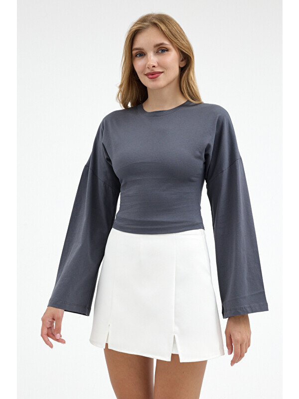 COMBINE Kadın Basic Geniş Kol Füme Crop Bluz