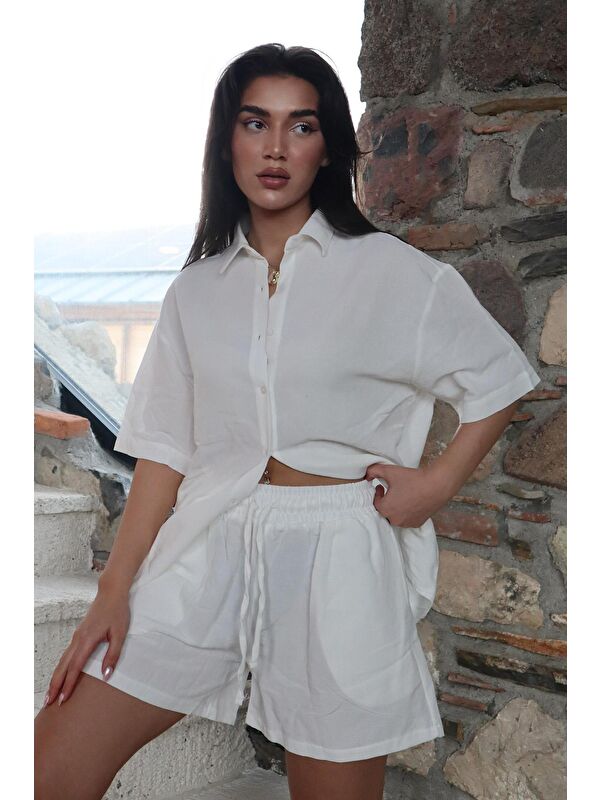 Madmext Beyaz Basic Kadın Şort Gömlek Takım Mg2361