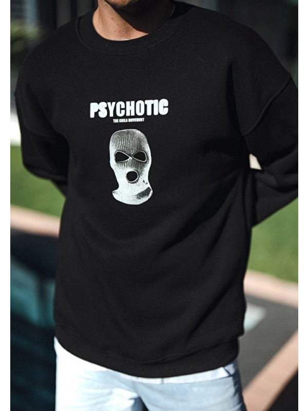 Jane's Kışlık Bisiklet Yaka Baskılı SweatShirt - Siyah