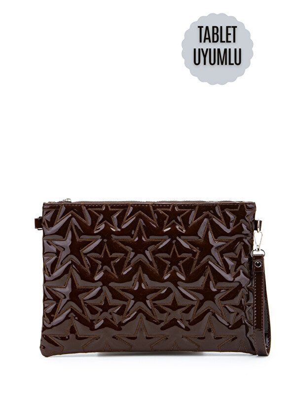 Minebag Tablet Boy Dikişli Clutch Suni Deri Kadın Yıldız Çapraz Çanta Tbstar Kahverengi Rugan