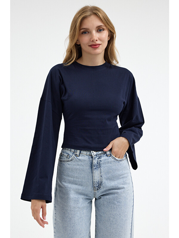 COMBINE Kadın Basic Geniş Kol Lacivert Crop Bluz