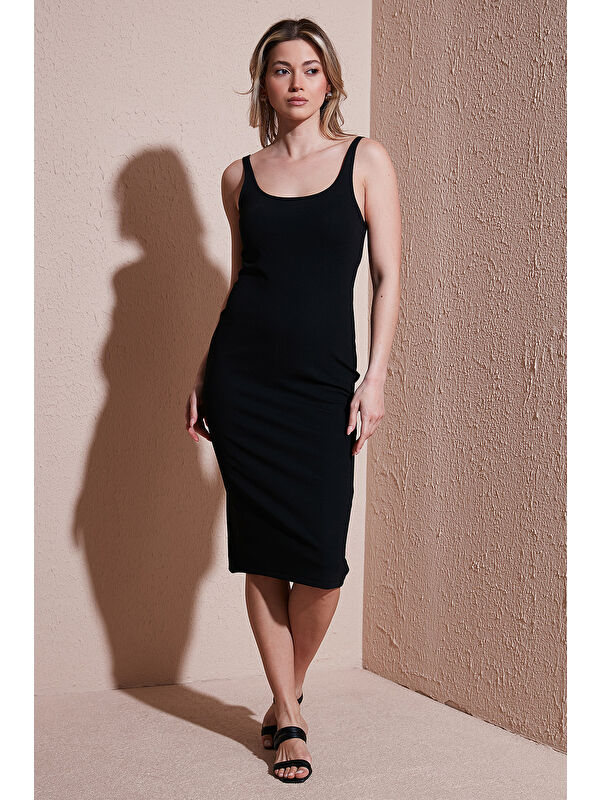 Fashion Friends Standart Fit Kare Yaka Midi Boy Kadın Elbise 25Y0299K1