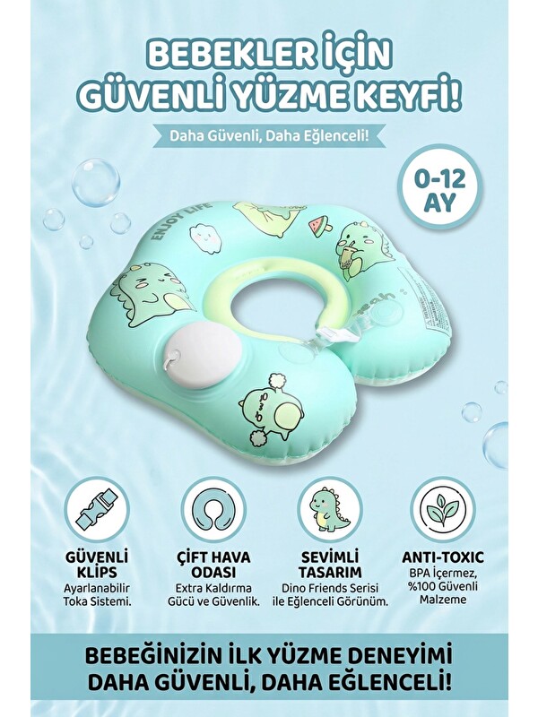 Oglo Pompa Gerektirmeyen Çocuk Yüzme Simidi Süngerli Yeni Nesil Çift Emniyet Tokalı Yeşil