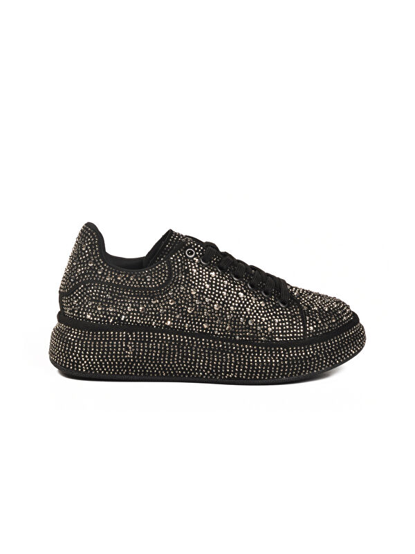 Ayakmod Siyah Platin Taş İşlemeli Bağcıklı Kadın Sneaker 989118-01 Z