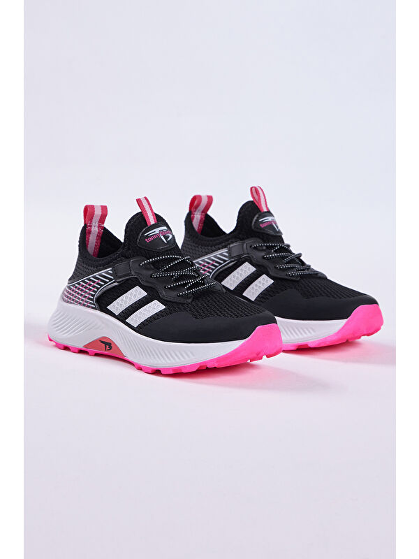 TONNY BLACK Çocuk Unisex Siyah Fuşya Rahat Kalıp Nefes Alabilen Kumaş Bağcıklı Sneaker