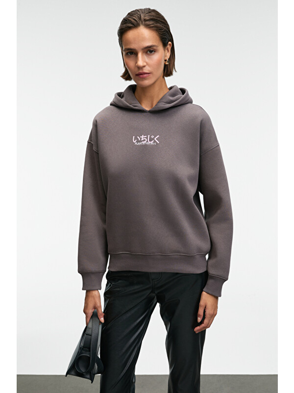 GRIMELANGE YANMESA Kadın Oversize Baskı Ve Nakış Detaylı Uzun Kollu Kapüşonlu ANTRASİT Sweatshirt