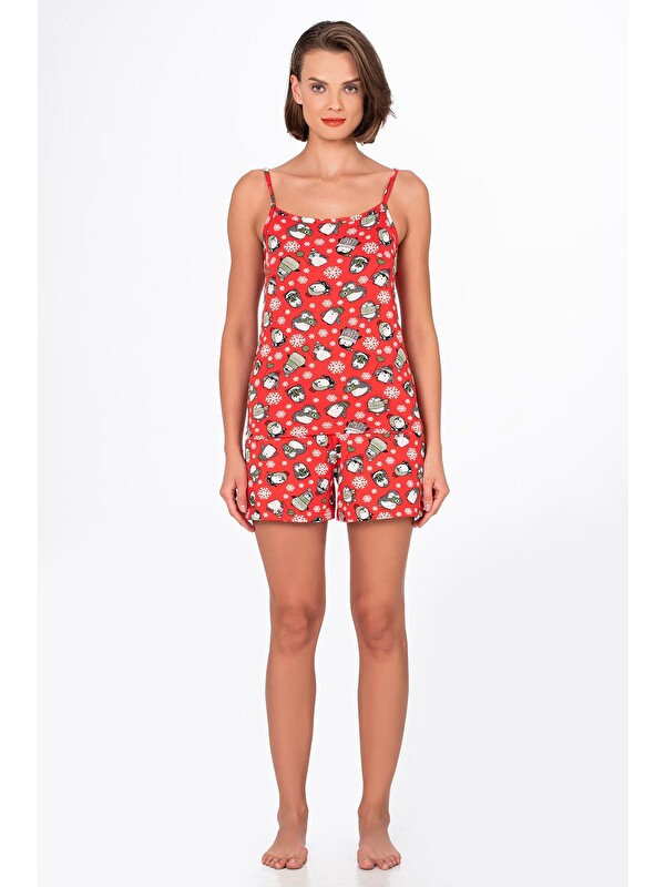Kompedan Kadın Kırmızı Desenli İp Askılı Şortlu Pijama Takımı