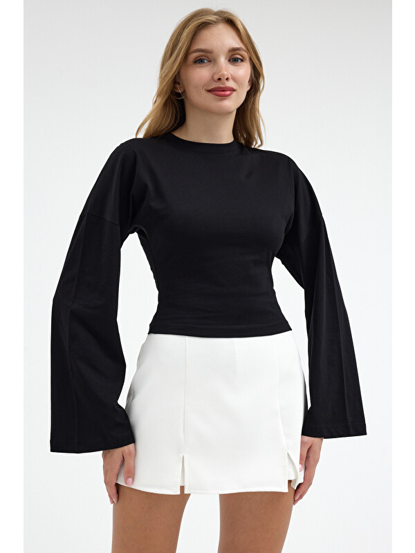 COMBINE Kadın Basic Geniş Kol Siyah Crop Bluz