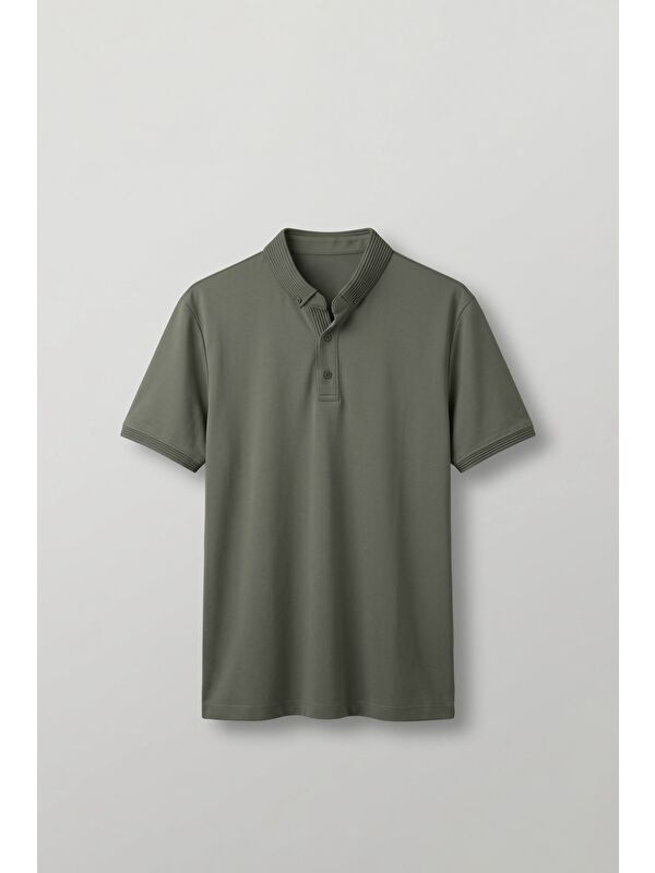 Abluka Online Erkek Slim Fit Düğmeli Triko Yaka Polo T-Shirt Haki