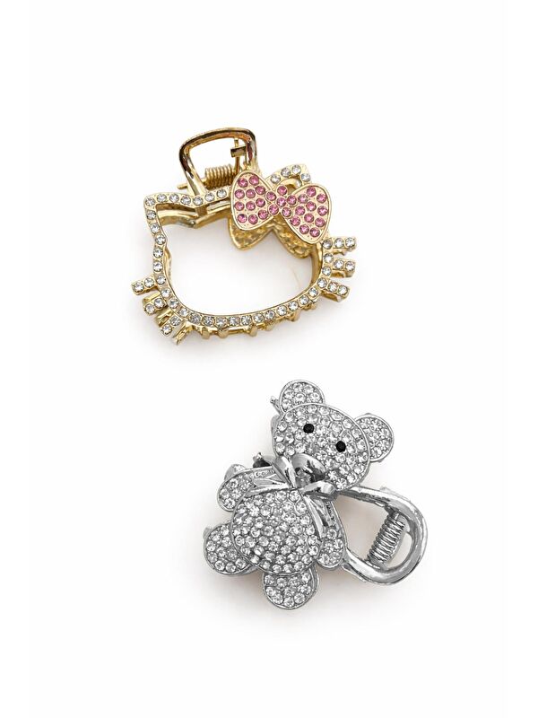 New Obsessions Kitty ve Teddy Figürlü Kristal Taşlı Mandal Saç Tokası 2 Adet