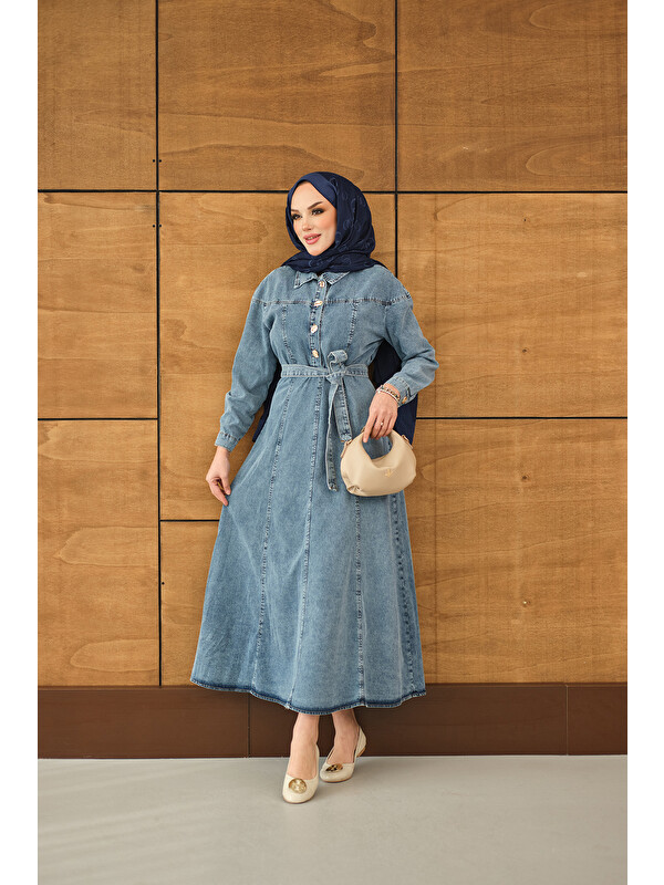 Locco Moda Kadın Gold Yarım Düğme Detaylı Bel Bağlamalı Jean Elbise Buz Mavi
