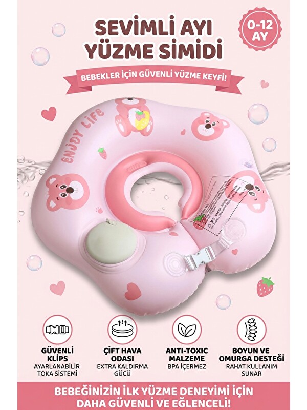 Oglo Kendinden Şişen Çocuk Yüzme Simidi Süngerli Çift Tokalı Emniyet Kilitli Yüzme Simidi