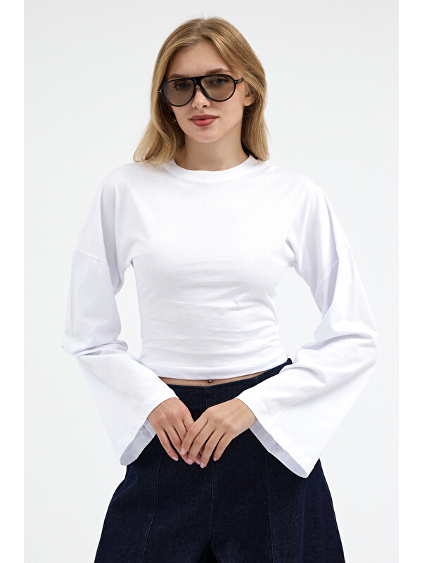 COMBINE Kadın Basic Geniş Kol Beyaz Crop Bluz