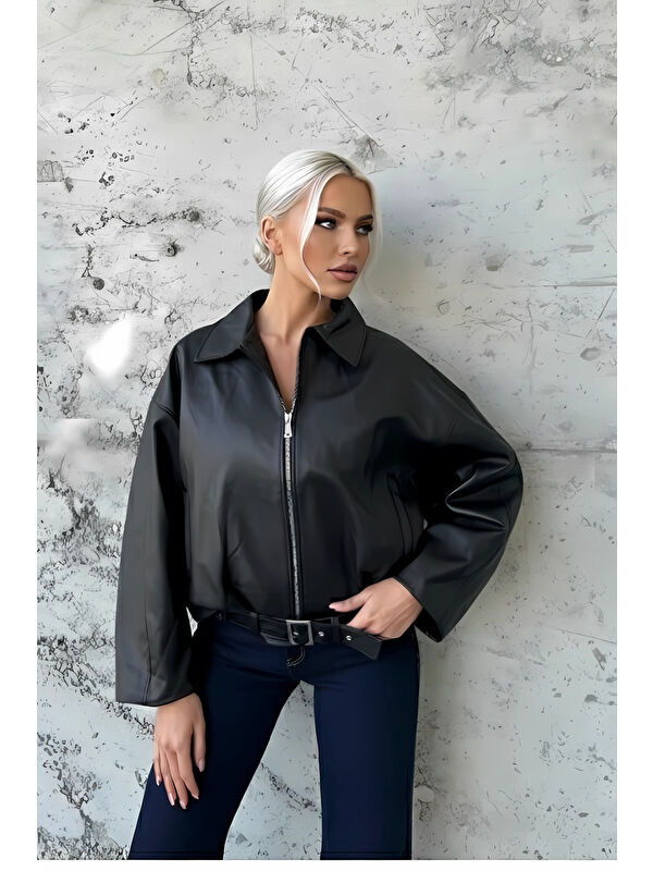 Hazelin Kadın Siyah Fermuar Kapamalı Oversize Suni Deri Ceket HZL25W-BD110561