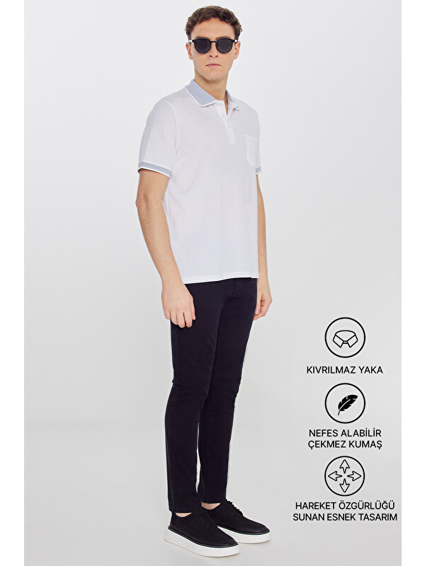 AC&Co / Altınyıldız Classics Erkek Beyaz-Beyaz Pamuklu Comfort Fit Rahat Kesim Polo Yaka Cepli Tişört