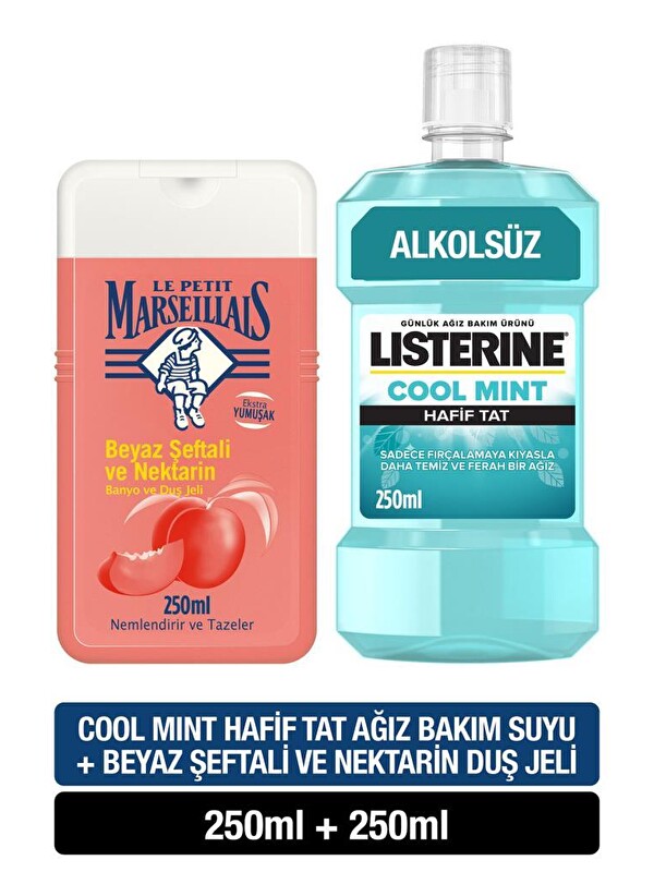 Le Petit Marseillais Beyaz Şeftali ve Nektarin Duş Jeli 250 ml + Listerine Cool Mint Hafif Tat 250 m