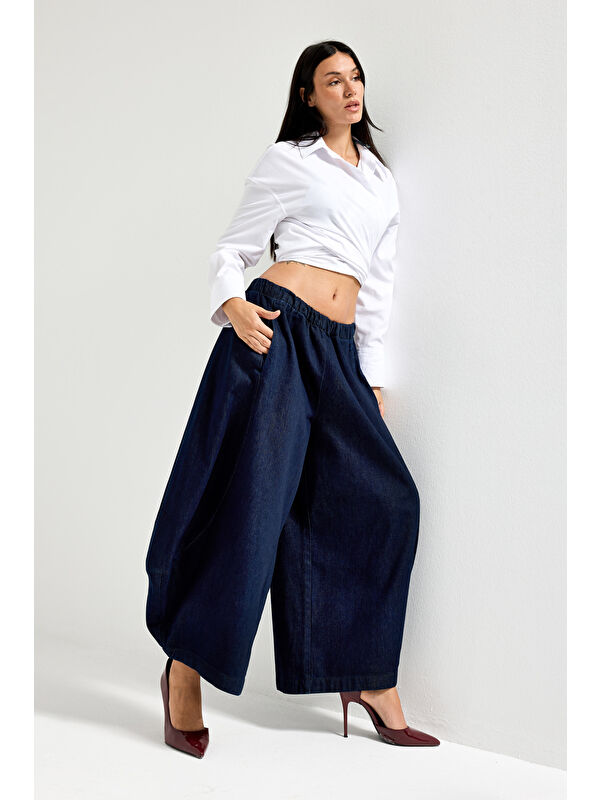 It's Basic Kadın İndigo Renk 7s6-50 Süper Drop Baggy Fit %100 Pamuk Tasarım Denim Jean