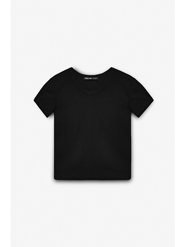 ETHIQUET MASROUTI Kadın Slim Kısa V Yaka Kısa Kol SİYAH T-Shirt