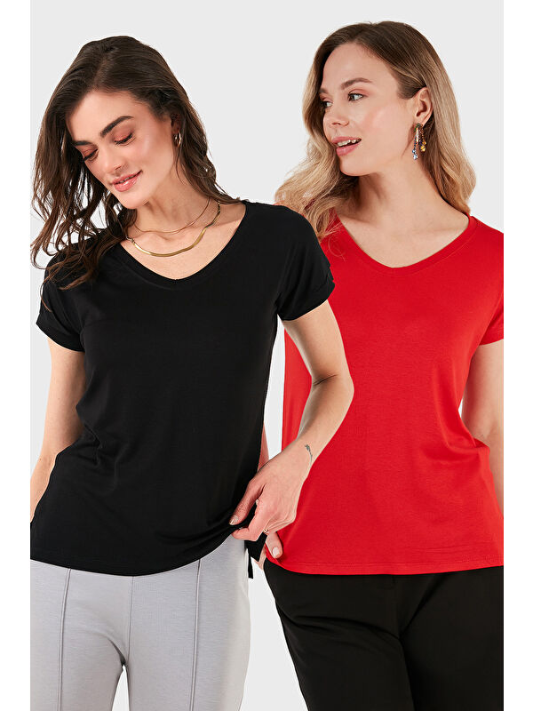 Lela V Yaka Relaxed Fit Yırtmaç Detaylı 2'li Paket Bluz 5862000S2