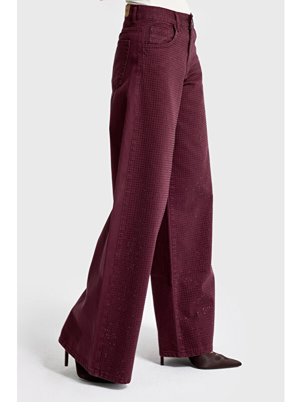 It's Basic Kadın Bordo Renk T-6w5-122 Palazzo Fit Parlak Taşlı Özel Tasarım Denim Jean
