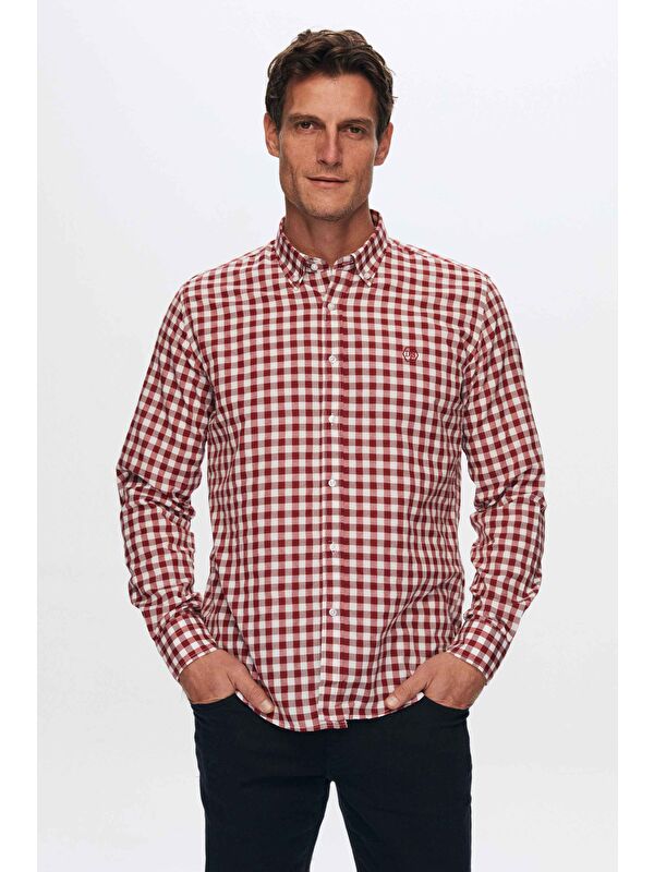 D'S damat Slim Fit Bordo Kareli Ekoseli Gömlek