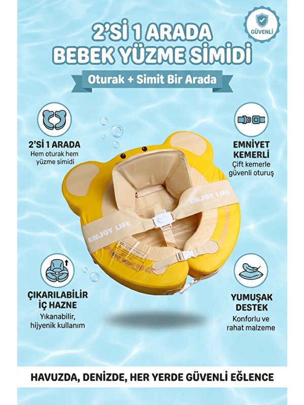 Oglo 2'si 1 Arada Büyüyen Çocuk Yüzme Simidi Ayıcık Temalı Çıkarılabilir İç Oturaklı Süngerli Pompasız 0-