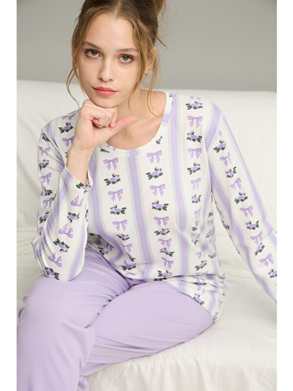 Siyah İnci Lila Kurdele Desenli Örme Pamuklu Pijama Takım25240270